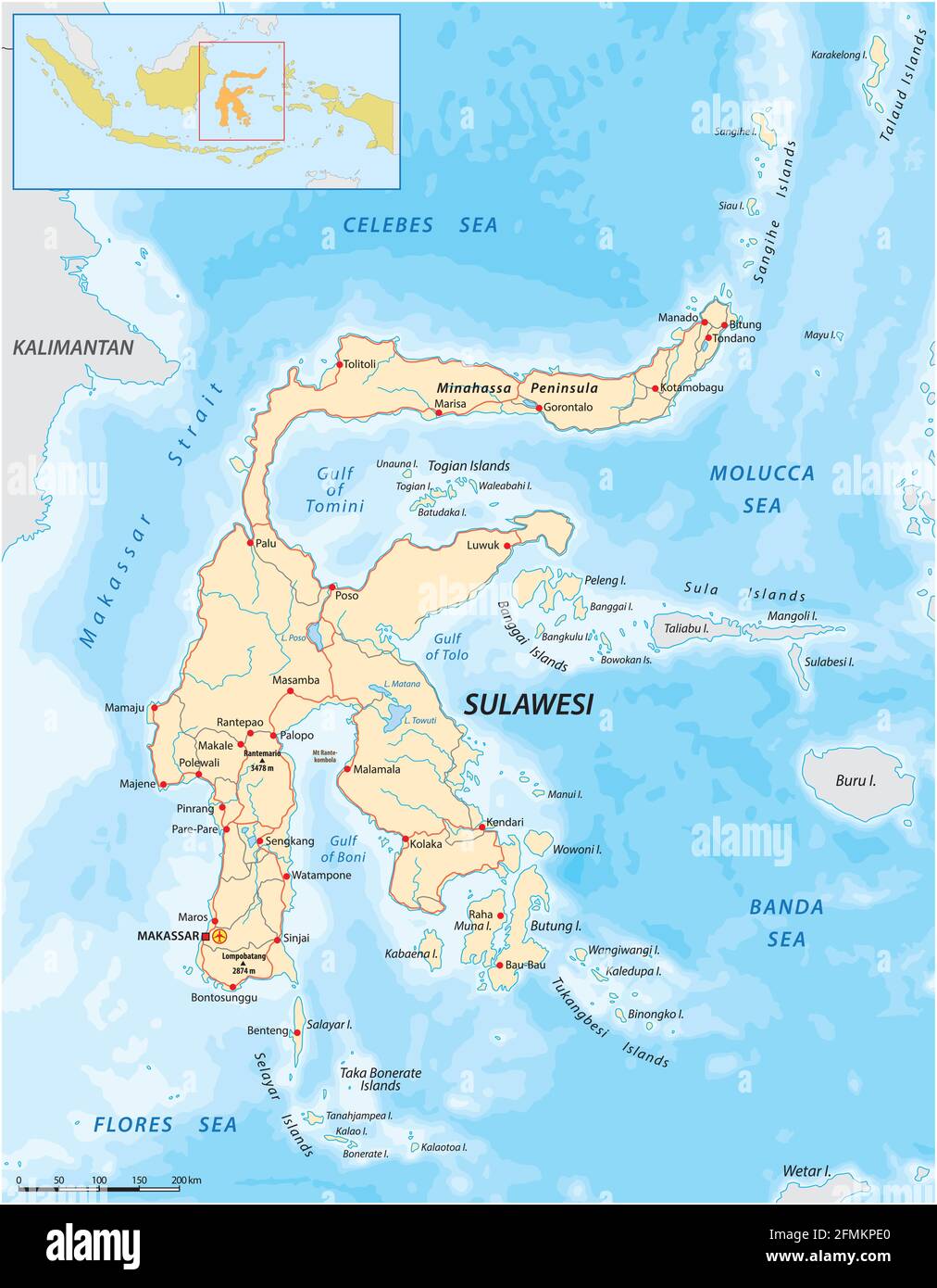 Vektor-Straßenkarte der größeren Insel Sunda Sulawesi, Indonesien Stock Vektor