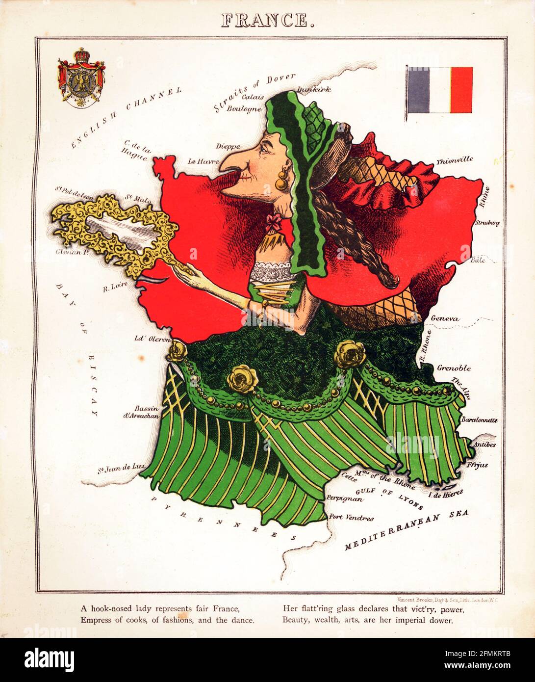 Frankreich – geografischer Spaß. Illustrierte satirische/kartografische Karte. Veröffentlicht in London von der Firma Hodder und Stoughton im Jahr 1869. Stockfoto