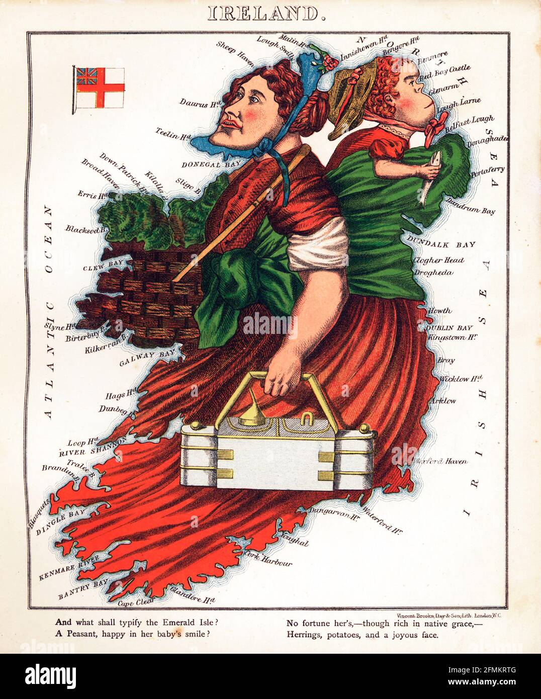 Irland – geografischer Spaß. Illustrierte satirische/kartografische Karte. Veröffentlicht in London von der Firma Hodder und Stoughton im Jahr 1869. Stockfoto