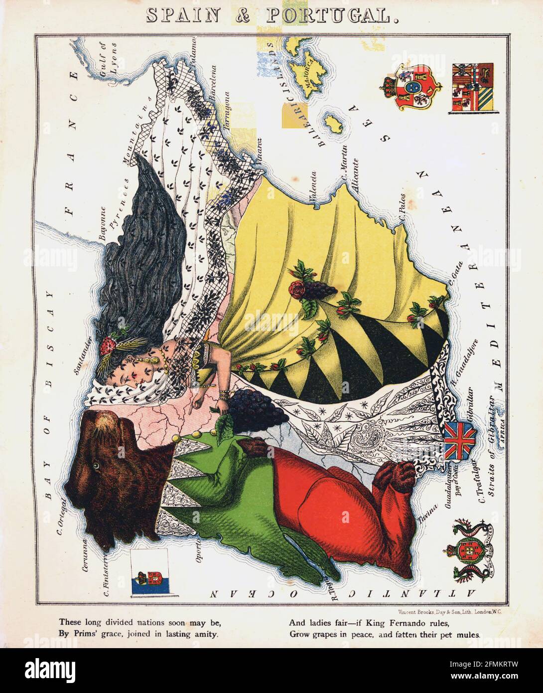 Spanien und Portugal – geographischer Spaß. Illustrierte satirische/kartografische Karte. Veröffentlicht in London von der Firma Hodder und Stoughton im Jahr 1869. Stockfoto