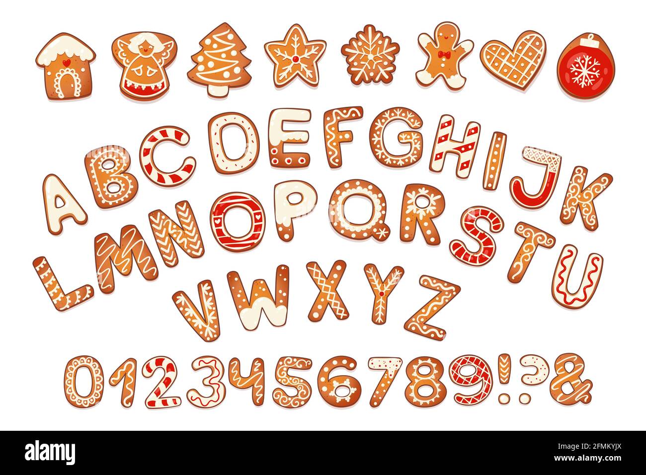 Weihnachten Lebkuchen-Kekse Alphabet mit Zahlen. Keksbuchstaben, Zeichen  für Weihnachtsbotschaften und Design. Vektorgrafik mit Dekorationen  Stock-Vektorgrafik - Alamy