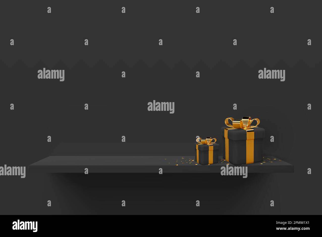 Schwarzes Regal mit Geschenkschachteln. Stock Vektor
