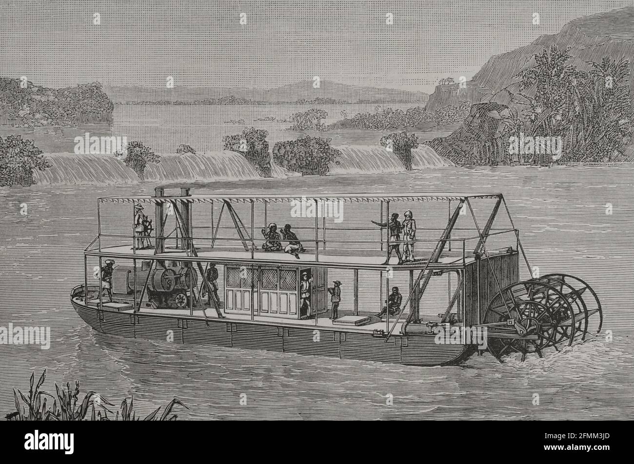 Geschichte Afrikas. Dampfschiff „Stanley“. Es wurde für die Reise von Henry Morton Stanley auf dem Kongo gebaut. Stich von E. A. Tilly. El Congo y la Creación del Estado Independiente de este nombre. Historia de los trabajos y Exploraciones Verificados (der Kongo und die Gründung seines Freistaates. A Story of Work and Exploration), von Henry M. Stanley. Herausgegeben in Barcelona, um 1890. Spanien. Stockfoto