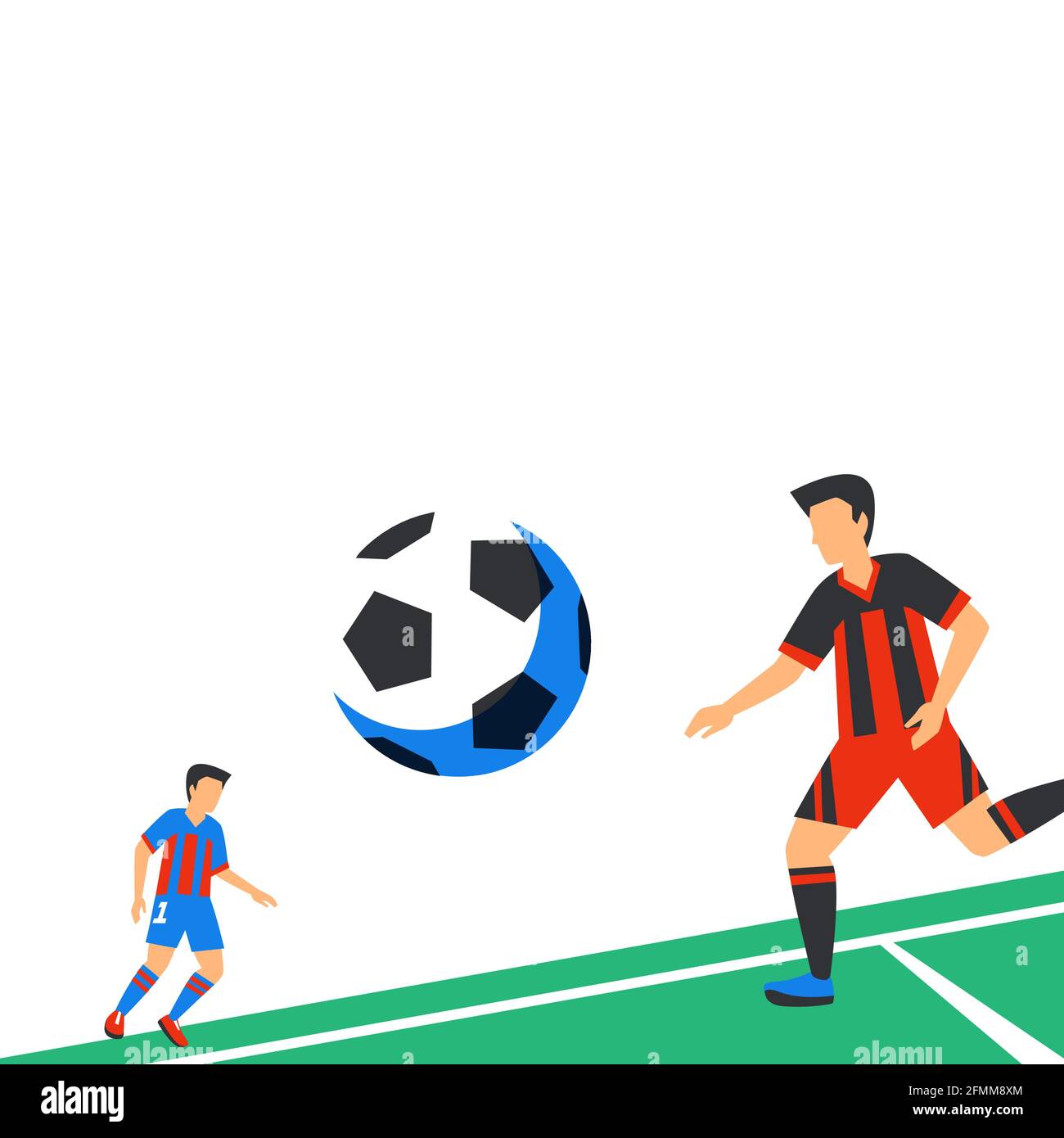 Football-Spieler mit Fußball Web-Banner-Vorlage. Narr Farbe Illustration in flachem Stil. Fußballspieler auf weißem Hintergrund mit Kopierfläche. Fl Stock Vektor