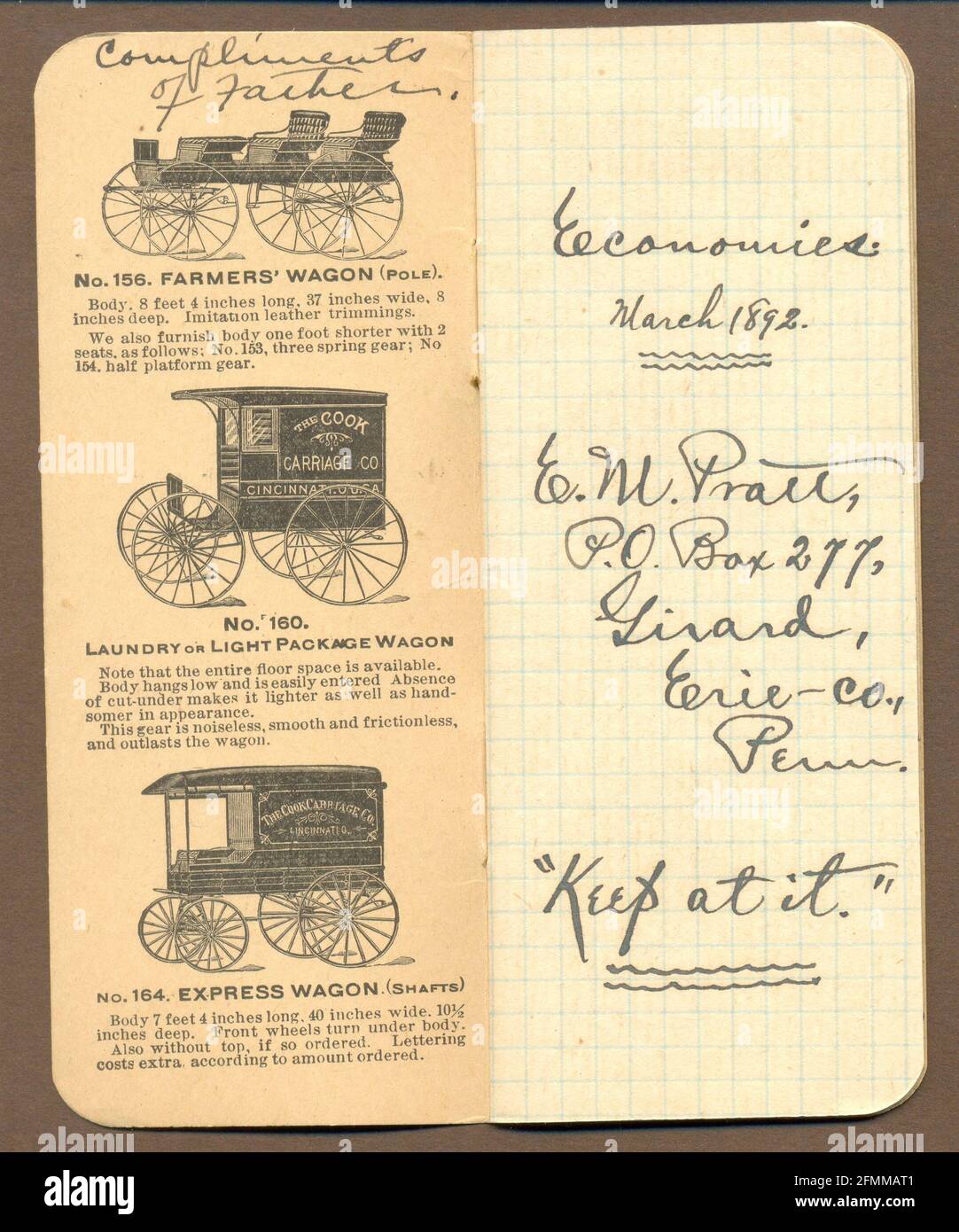 Startseite des Werbeblatts für die Cook Carriage Co., Cincinnati, USA um 1892 Stockfoto