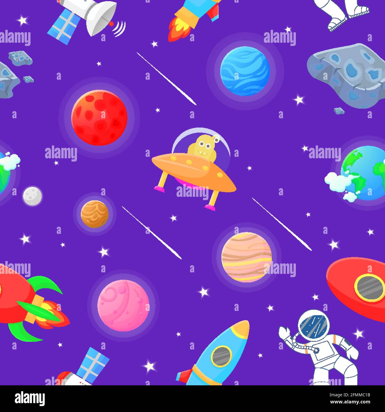 Astronaut mit Rakete und Alien im Freiraum Kosmisches Gewebe für Kinder.  Niedliches Design für Kinder aus Stoff und Geschenkpapier. Flache  Cartoon-Stil lustig cos Stock-Vektorgrafik - Alamy