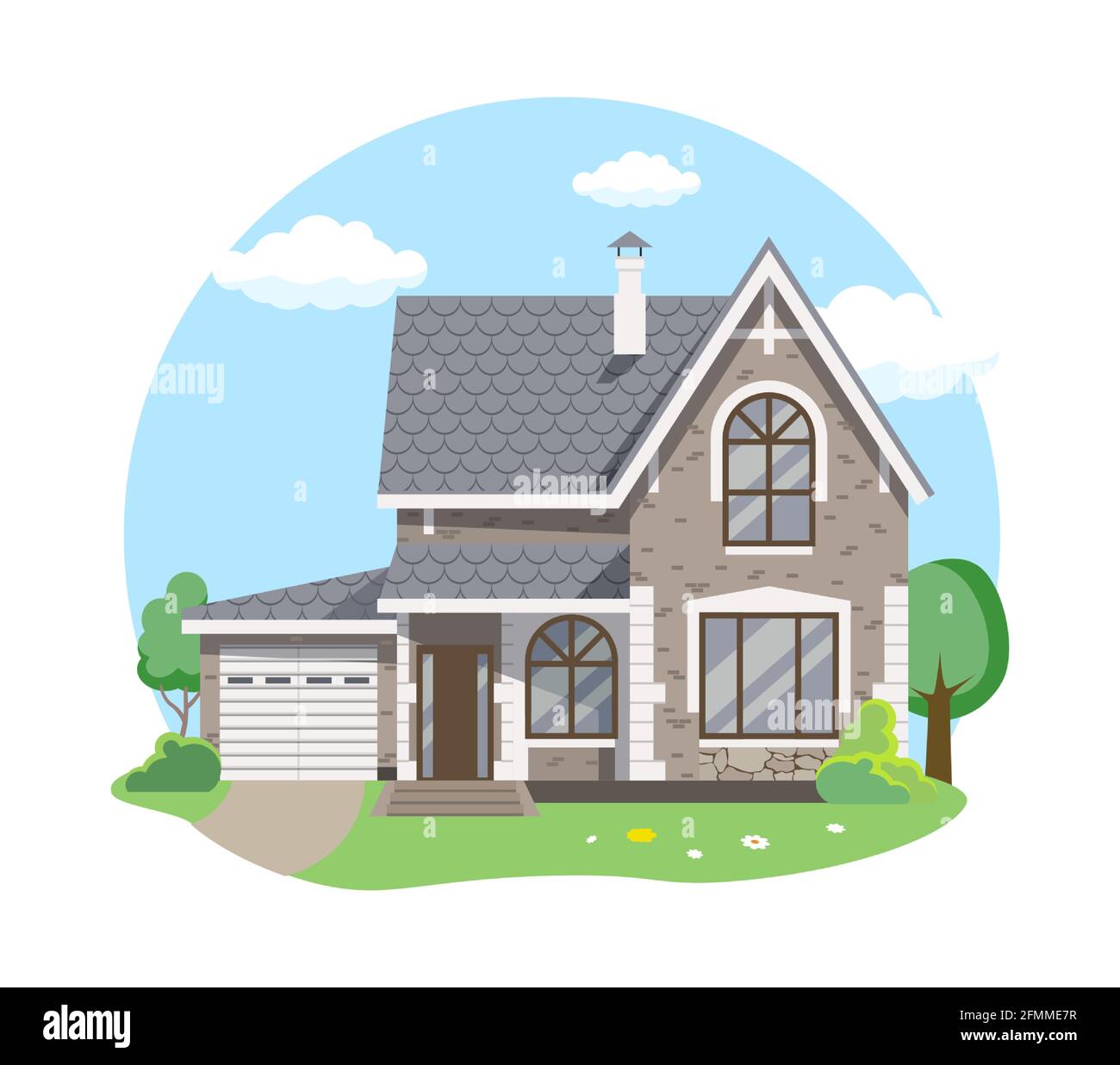 Cartoon Haus außen mit blauen bewölkten Himmel Front Home Architektur Konzept flache Design Stil. Vector Illustration der Fassade Gebäude Stock Vektor