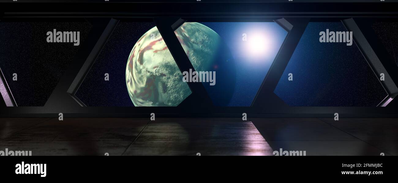 Raumstation - Blick auf einem Planeten aus einer Raumstation in der Umlaufbahn - 3D-Rendering Stockfoto