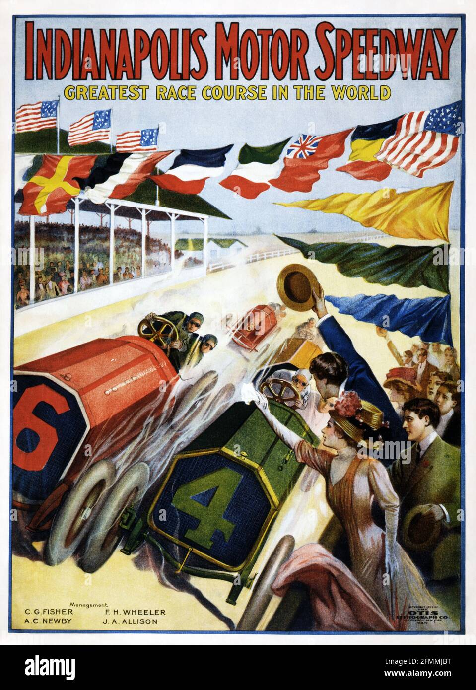 Indianapolis Motor Speedway - Otis Lithograph Co. Größte Rennstrecke der Welt. 1909. Stockfoto