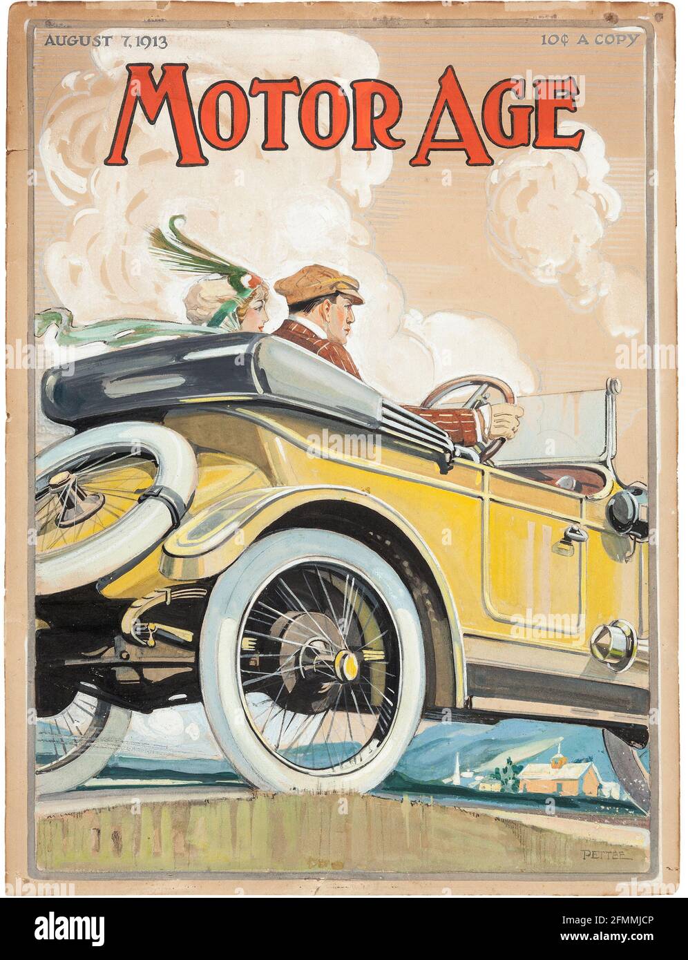 Motor Age, 7. August 1913, 10 c eine Kopie, Zeitschriftencover mit einem Mann und einer Frau, die in einem gelben Auto fahren. Stockfoto