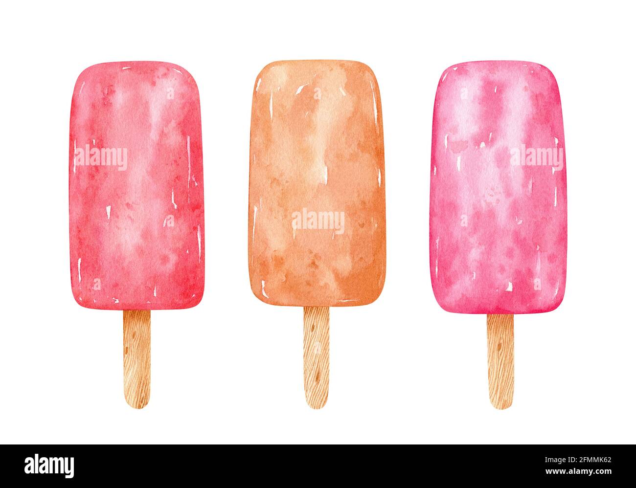 Aquarell-Set aus Eis auf Stöcken. Erdbeer- und Karamell-Eis-Pops isoliert auf weißem Hintergrund. Handgezeichnete Clipart-Illustration. Perfekt für Karten, Menüs, Drucke, Dekorationen, Covers. Stockfoto