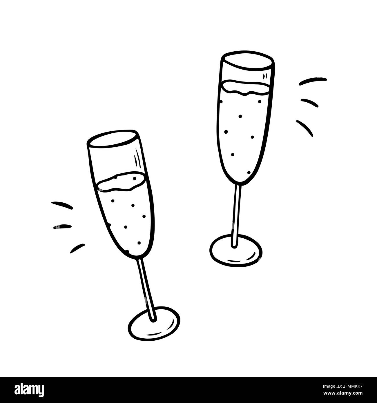 Zwei klirrende Gläser mit Champagner isoliert auf weißem Hintergrund. Prost, Urlaub Toast. Vektor-handgezeichnete Illustration im Doodle-Stil. Geeignet für Karten, Dekorationen, Einladungen, festliche Designs. Stock Vektor