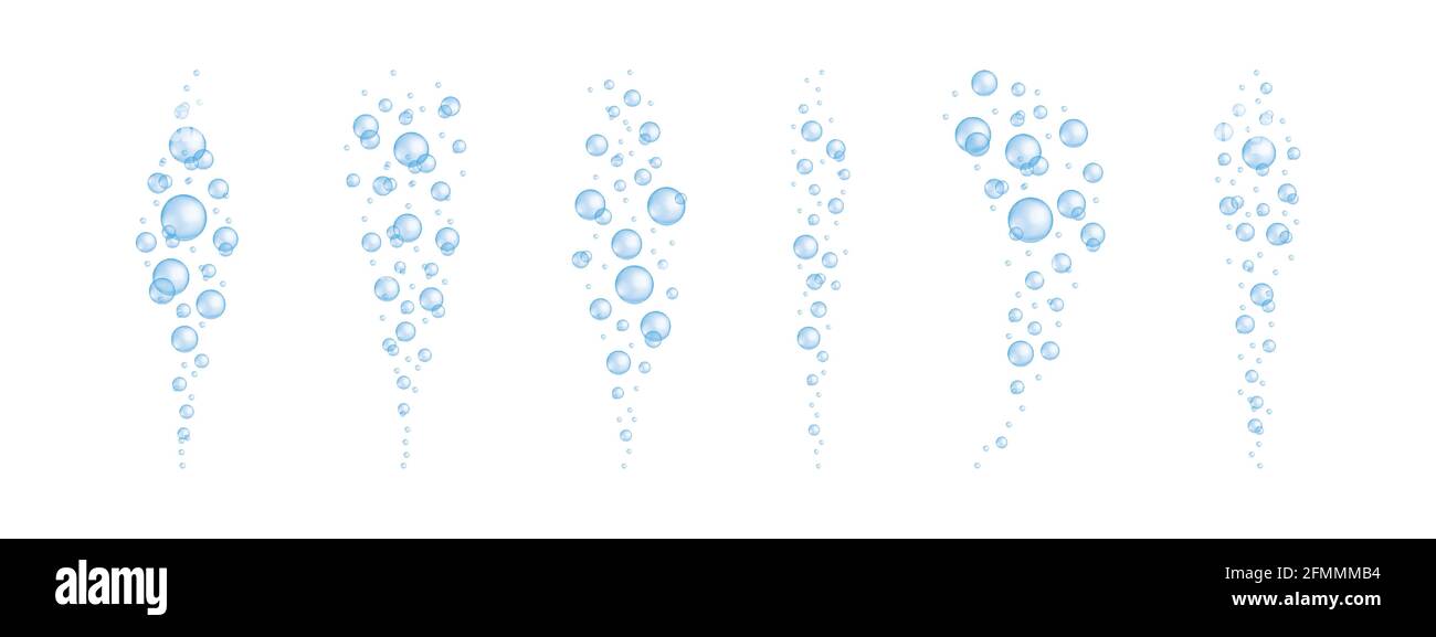 Blaue Unterwasser-Sauerstoffblasen eingestellt. Seife oder Reinigungsmittel Schaum, Aquarium oder Meerwasser Stream Textur, Bad sud, kohlensäurehaltige Getränk Wirkung. Vektor-realistische Darstellung. Stock Vektor