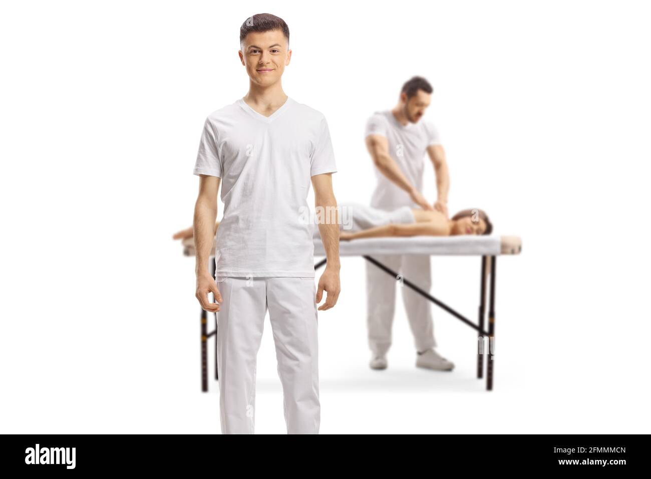 Arbeiter in einem Massagesalon, isoliert auf weißem Hintergrund Stockfoto