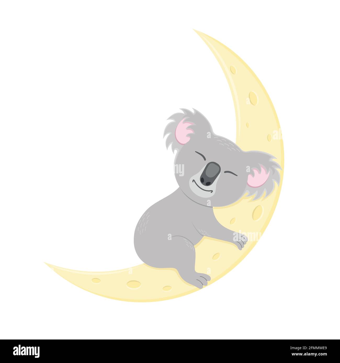 Niedliche Koala, die auf dem Mond schläft. Süßer australischer Bär-Charakter im kindlichen Stil für Kinderzimmer oder Babyduschparty, Grußkarten oder Einladungskarten. Vektorgrafik Cartoon-Illustration. Stock Vektor