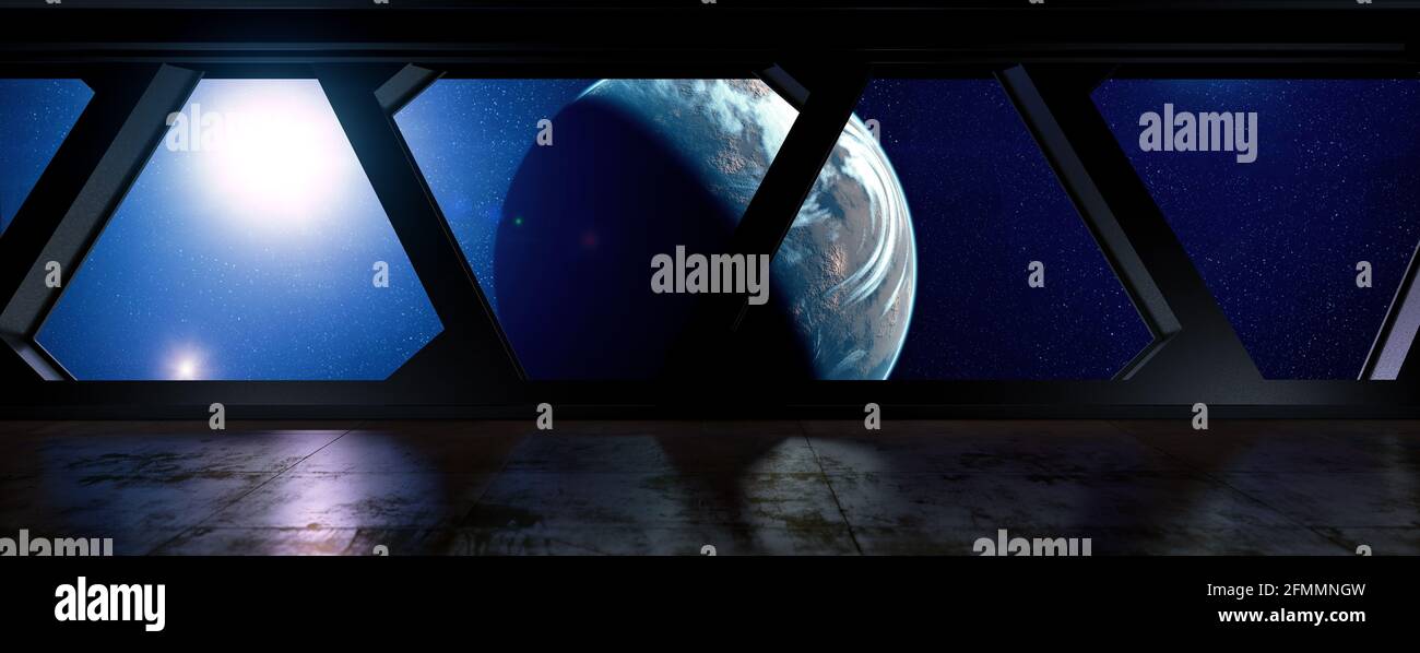 Raumstation - Blick auf einem Planeten aus einer Raumstation in der Umlaufbahn - 3D-Rendering Stockfoto
