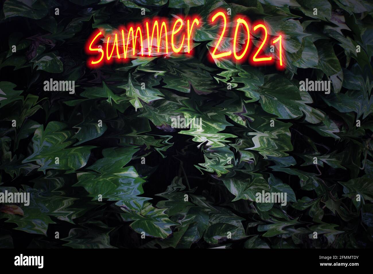 Tropischer Sommer 2021 Hintergrund. Tropischer Hintergrund. Neon-Text Stockfoto