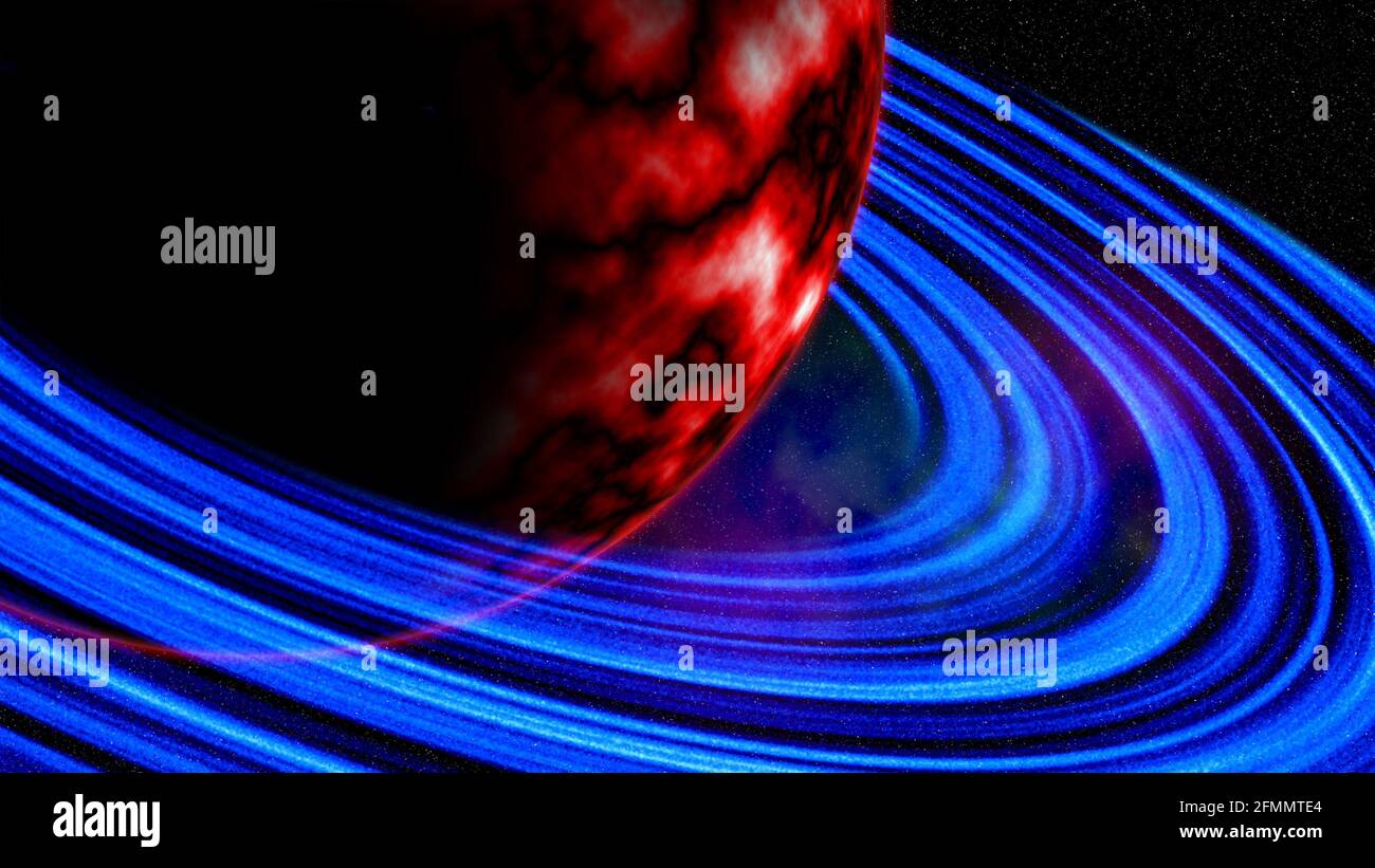 Großer roter Planet mit neonblauen Ringen im Weltraumnebel mit Sternen. Umgebung 360 HDRI. Äquivalrechteckige Projektion sphärisches Panorama 3d-Fantasie Stockfoto