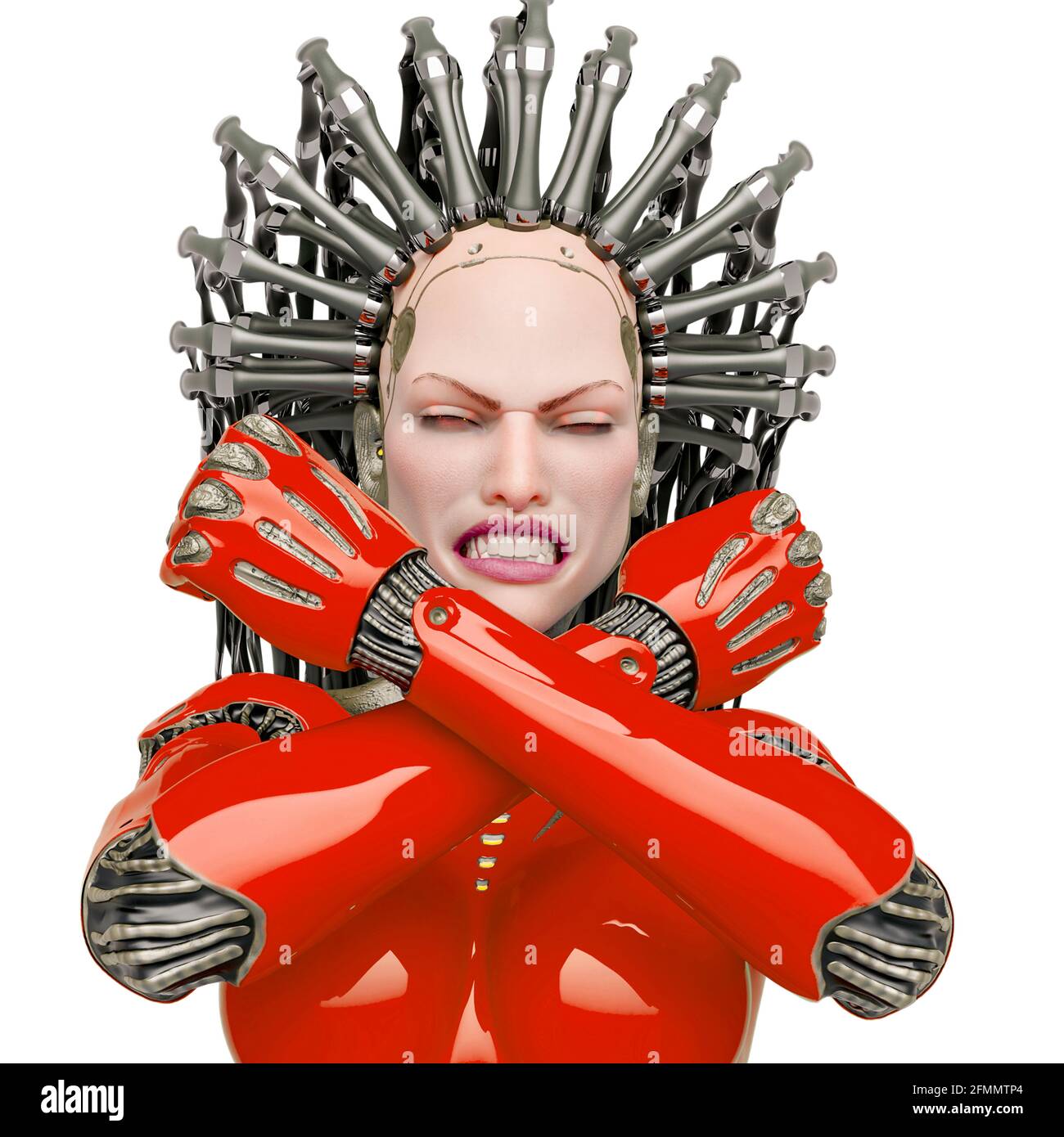 Super Cyborg ist wütend und das Gefühl bereit für Krieg Nahaufnahme, 3d-Illustration Stockfoto