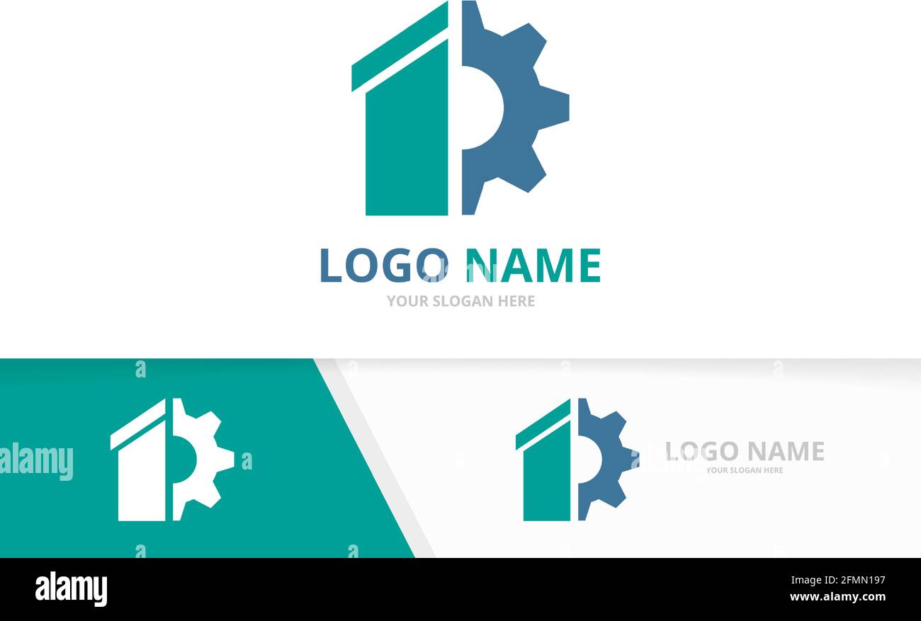 Kombination aus Immobilien- und Ausrüstungslogo. Design-Vorlage für das Logo des Mechanikers. Stock Vektor