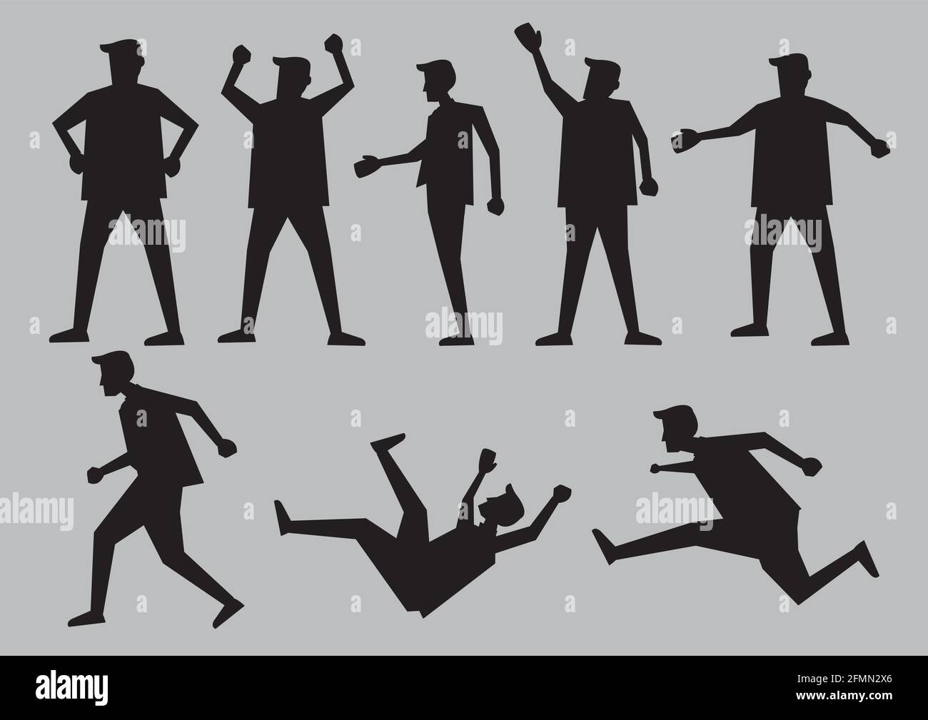 Schwarze Silhouette für Cartoon-Mann in verschiedenen Gesten und Körpersprache. Vektorzeichendarstellung isoliert auf schlichtem grauen Hintergrund. Stock Vektor