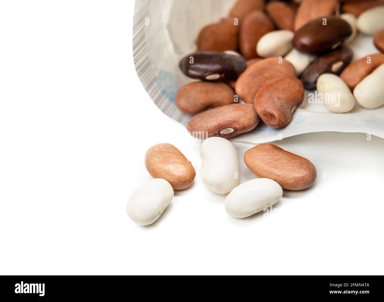 Mehrfarbige Bohnensamen-Sorten mit einem Samenpaket. Sortiment von Blue Lake, Yellow Pole Wax und Purple Pfau Samen für die Pflanzung im Garten. Bush o Stockfoto