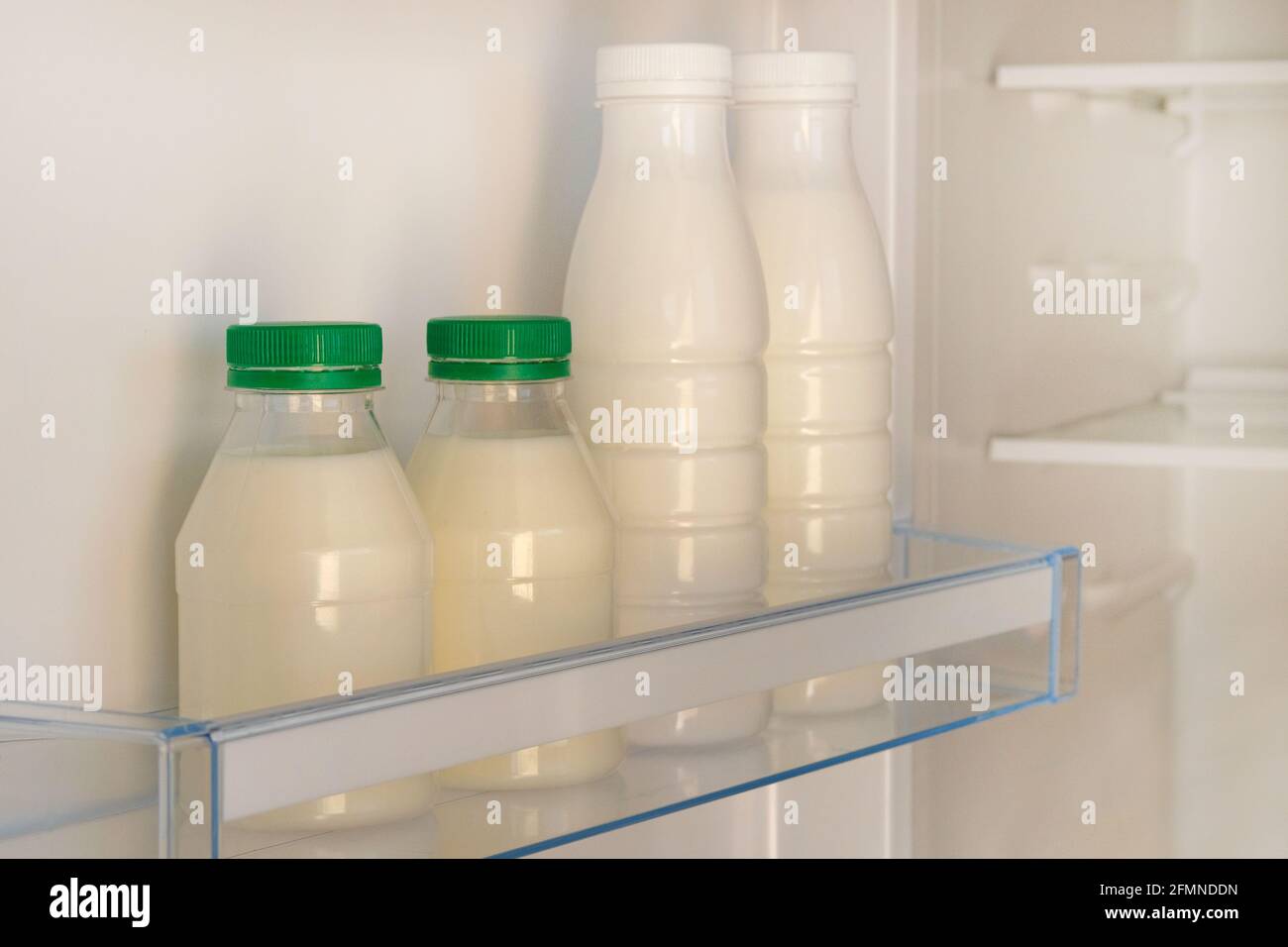 Weiße Flaschen mit grünem Joghurt-Deckel auf dem Regal des offenen, leeren Kühlschranks. Gewichtsverlust Diät-Konzept. Fermentierte Lebensmittel. Stockfoto