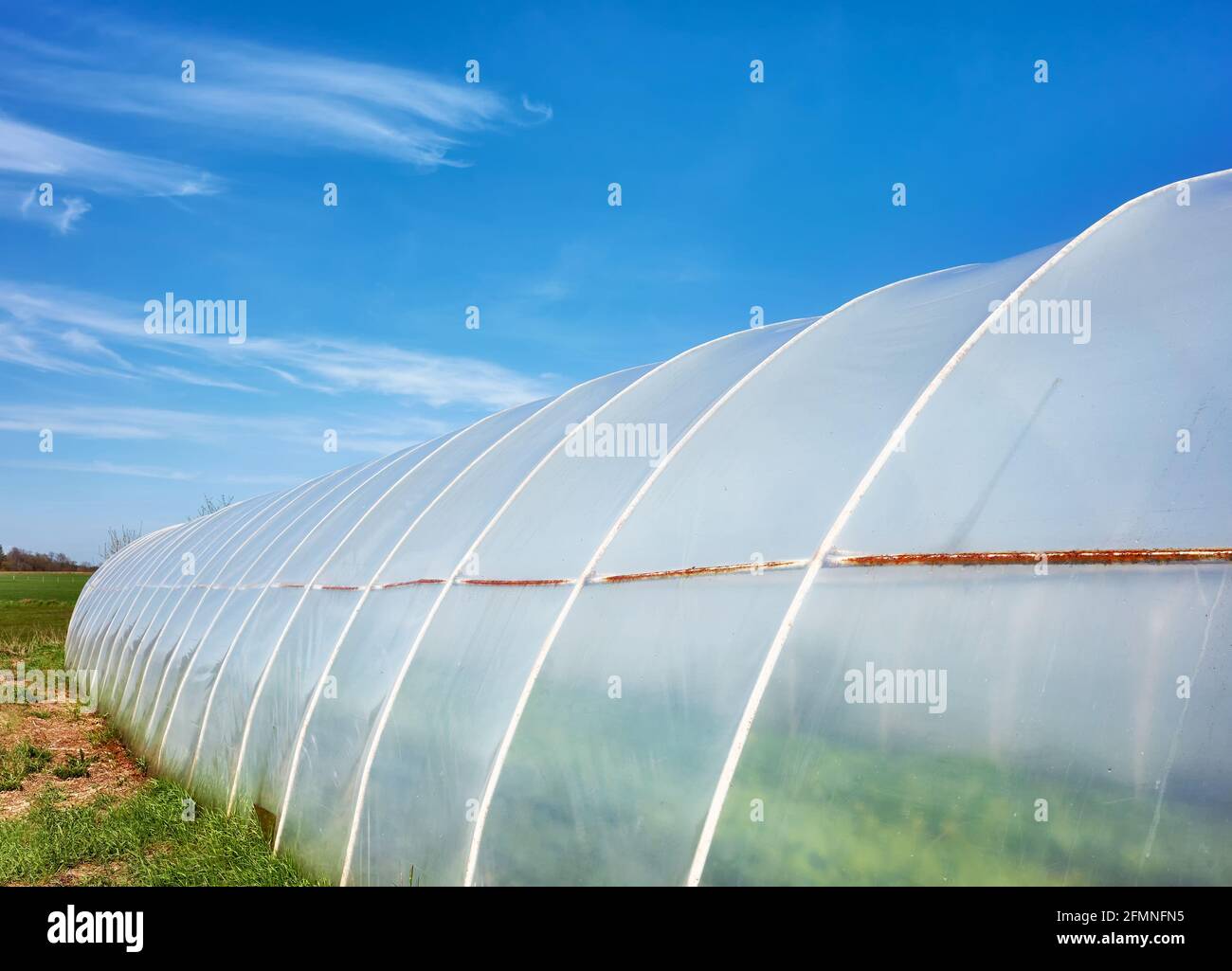 Polytunnel außen gegen den blauen Himmel. Stockfoto