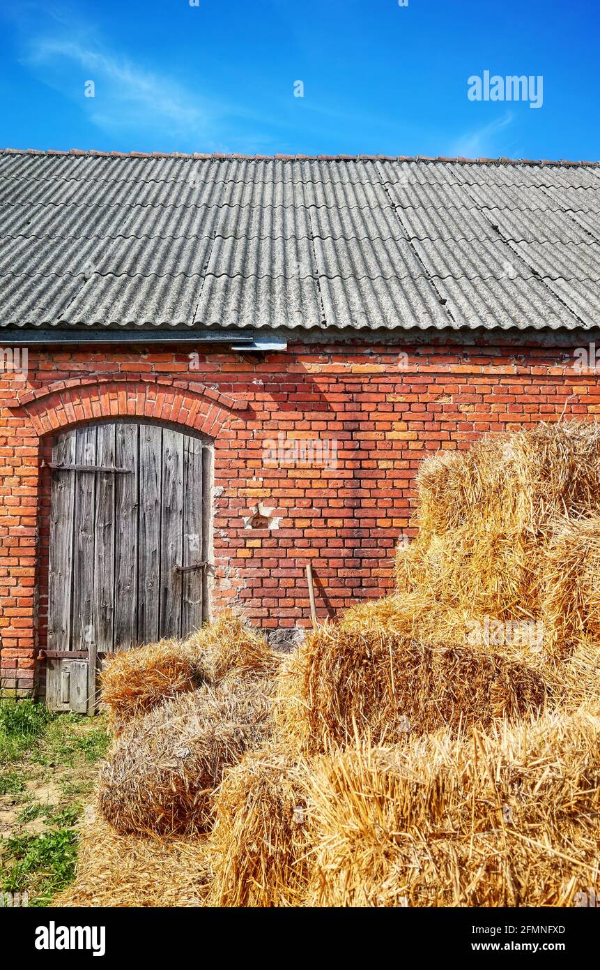 Goldener Heuhaufen vor einem alten gemauerten Scheunengebäude. Stockfoto