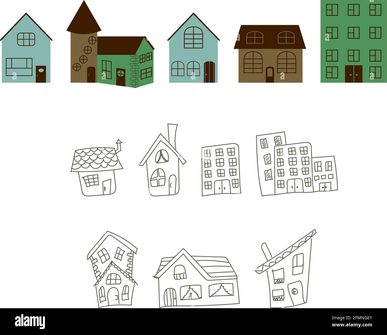 Satz von isolierten Häusern Zeichnung von Hand in skizzieren Stil Und moderner, abstrakter, flacher Stil Stock Vektor