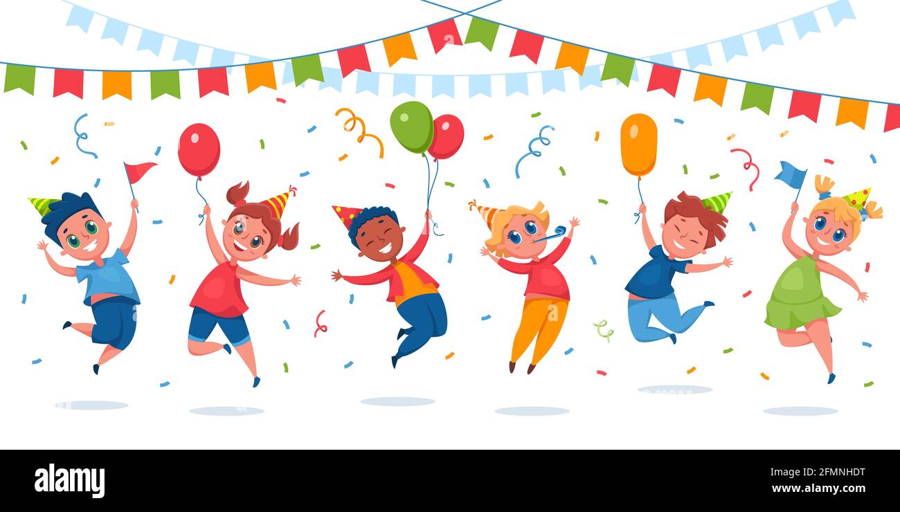 Kinderparty. Glückliche Kinder springen mit Ballons, Konfetti, Fahnen.  Mädchen und Jungen in Party-Hüte haben Spaß feiern Geburtstag Vektor  Cartoon Illustration. Multikulturelle, fröhliche Charaktere  Stock-Vektorgrafik - Alamy