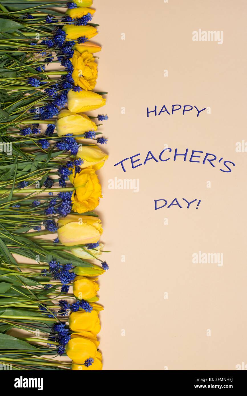 Vertikale Grußkarte mit der Aufschrift Happy Teachers Day auf beigem Hintergrund mit gelben Tulpen. Stockfoto