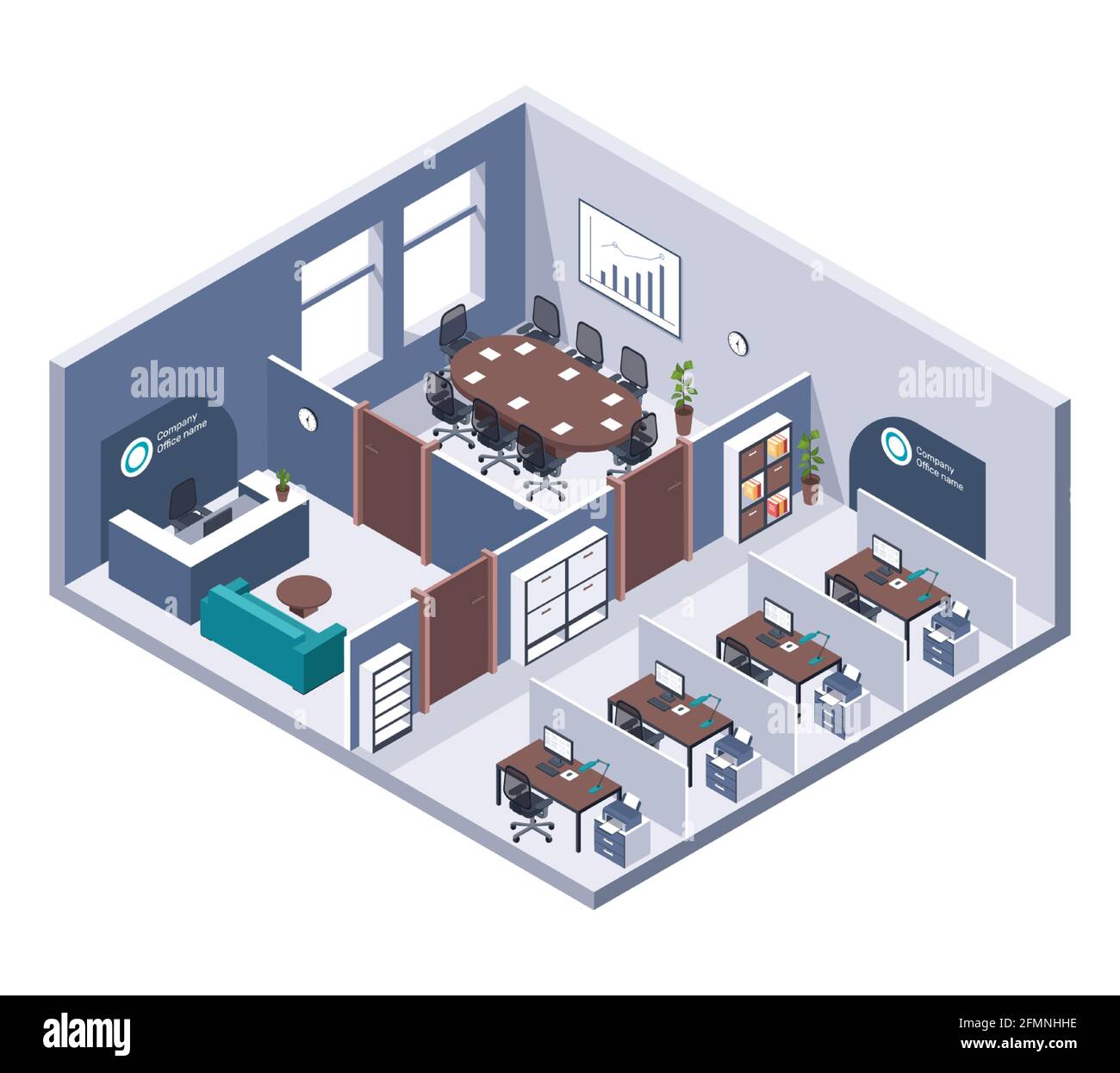 Isometrisches Büro. Zimmereinrichtung mit Möbeln, Schreibtisch und Computer, Drucker und Rezeption. Business Building Cutaway 3d Vektor Unternehmen Arbeitsplatz. Coworking Space und Meeting- oder Projektraum Stock Vektor