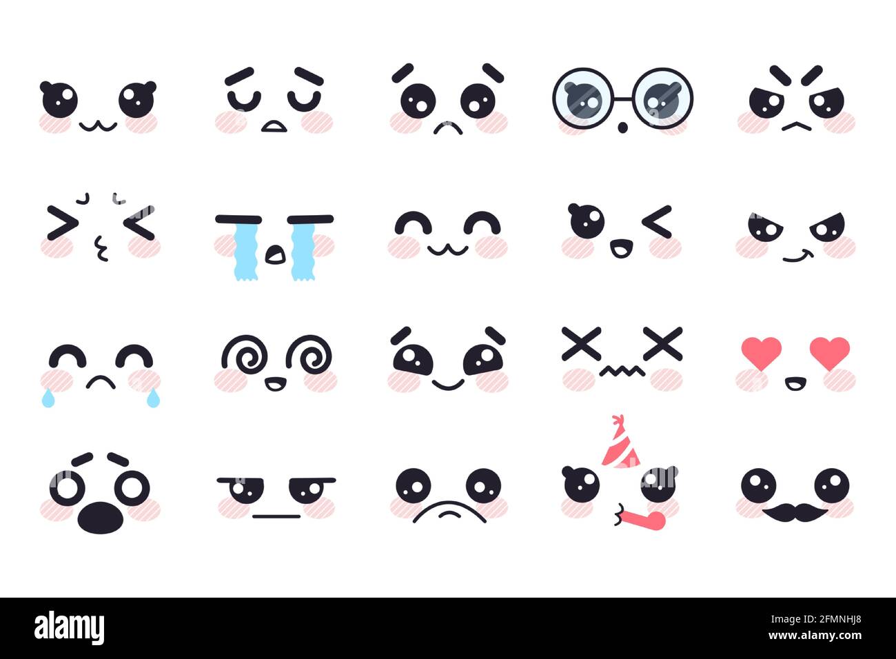 Kawaii-Gesichter. Manga Gesicht niedlichen japanischen Figuren, Cartoon emoji Gesichts Emotionen. Lächeln, traurig und Wut, Weinen und Freude, Liebesvektor gesetzt. Glücklicher und trauriger Ausdruck, Geburtstag feiern Stock Vektor