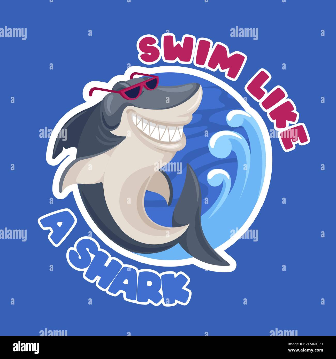 Haifischmuster. Schwimmen Sie wie ein Hai Cartoon T-Shirt Label auf kalifornien Surfen Thema Vektor Retro cool Vorlage. Unterwasser-Charakter oder Kreatur in Sonnenbrille mit breitem Lächeln mit Zähnen Stock Vektor