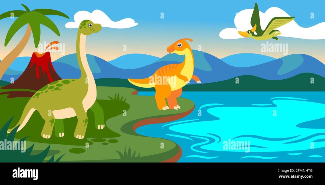 Niedliche Dinosaurier mit Landschaft. Cartoon Dino prähistorische Szene mit See, Vulkan, Berg und Palmen. Jurassic Tiere Vektor Hintergrund. Mythologische Kreaturen in der Nähe von Fluss mit Berg Stock Vektor