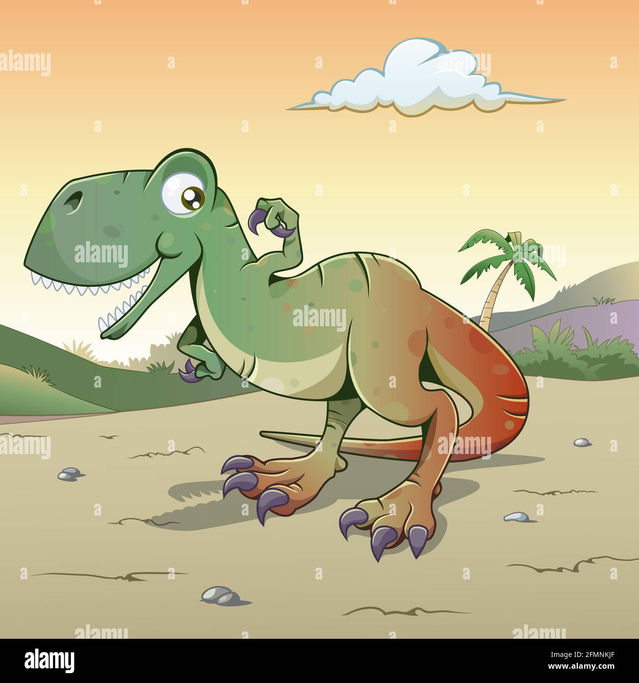 Cartoon-Stil Illustration eines lustigen und niedlichen Tyrannosaurus Rex Sonnenuntergang oder Morgengrauen Himmel mit Wolkenvegetation und einer Palme Baum im Hintergrund Stock Vektor