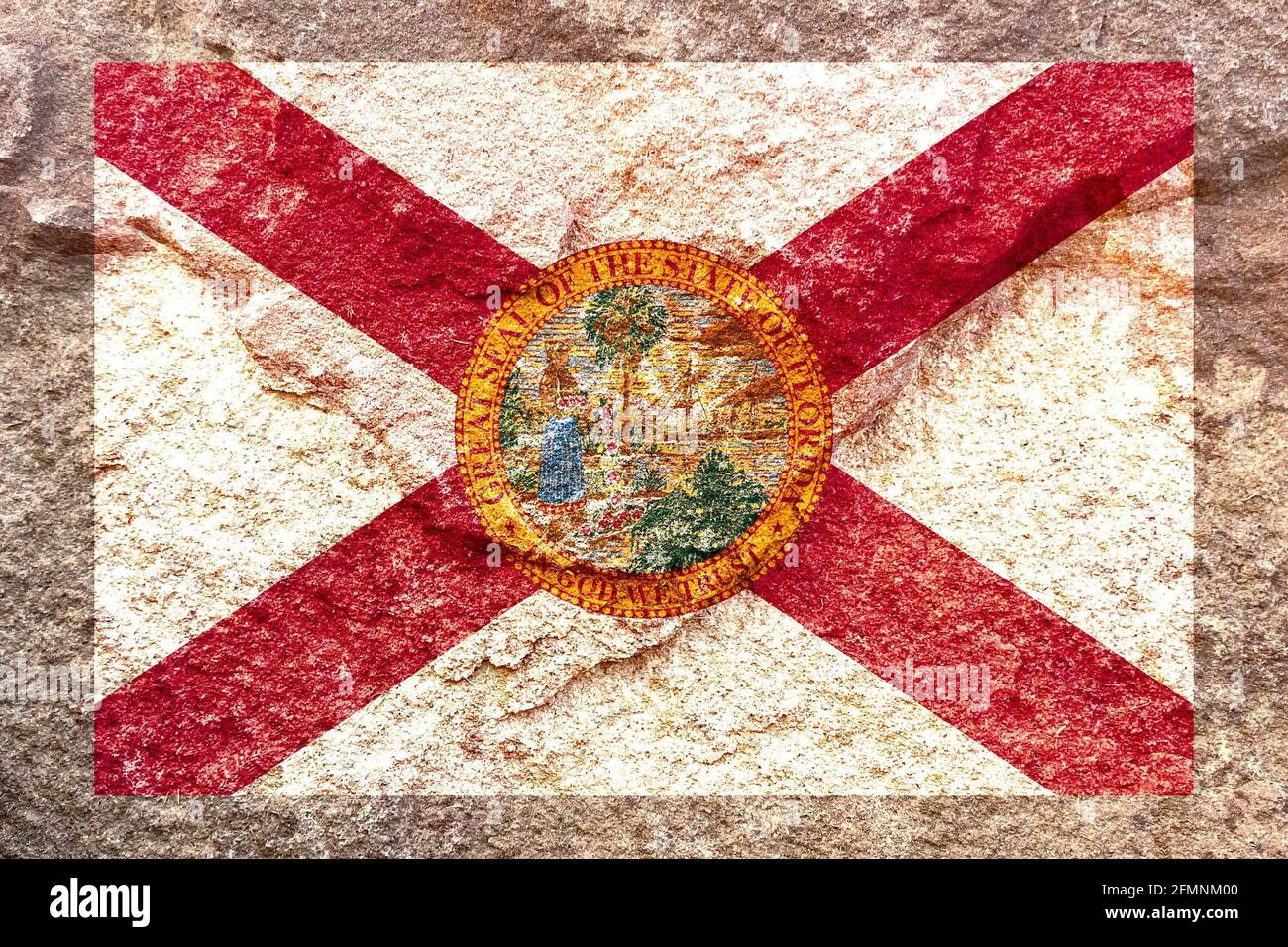 Verblasste Florida State Flag Icon Muster isoliert auf verwitterten Körper Felswand Hintergrund Stockfoto