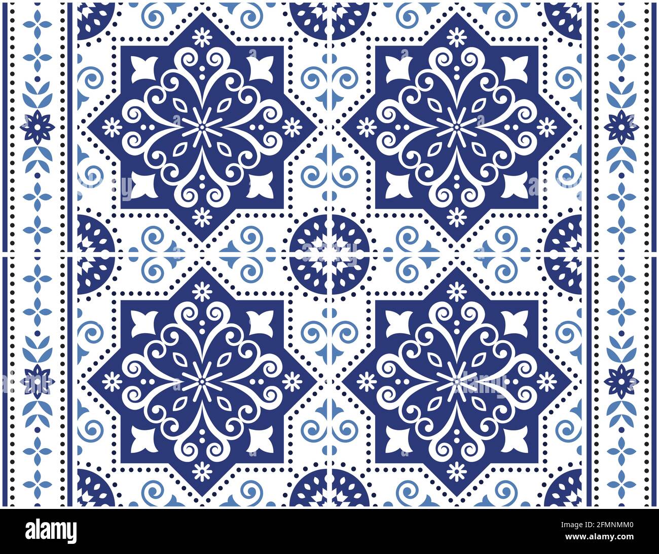 Portuguese Azulejo Fliese nahtlose Vektor dekoratives Muster mit Rahmen oder Grenze, Lissabon traditionelles Design mit Blumen, Wirbel und geometrischen Formen Stock Vektor
