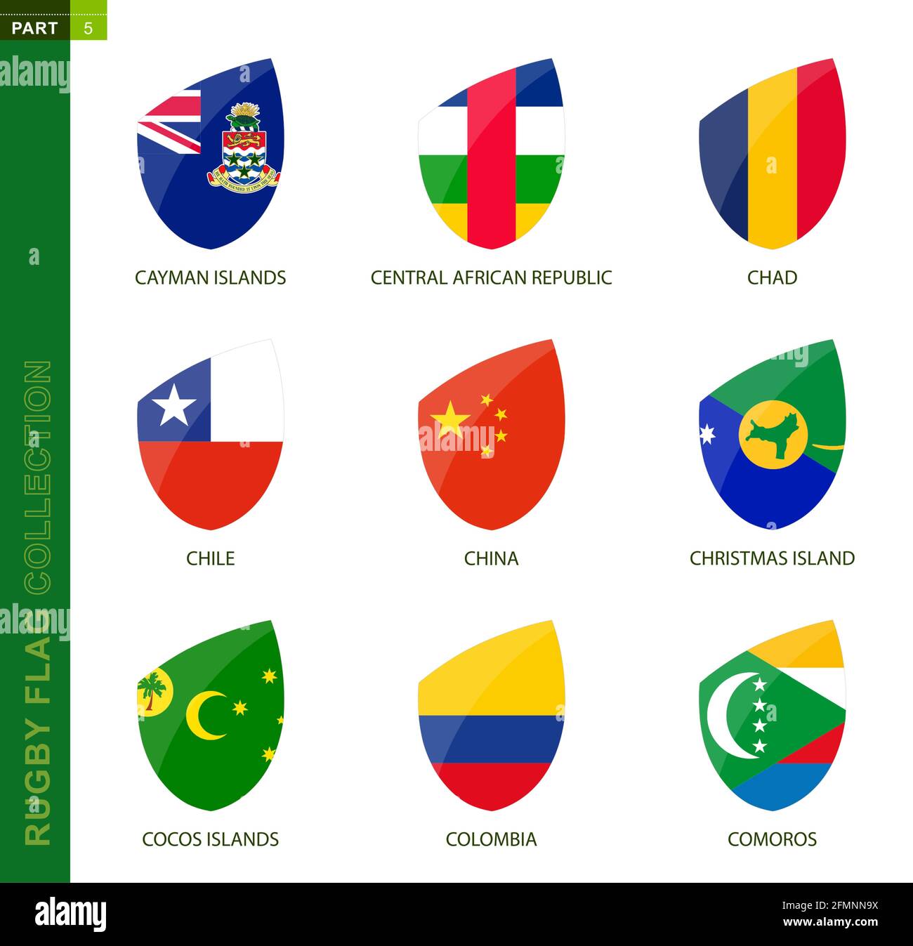 Rugby Flag Kollektion Rugby Symbol Mit Flagge Von 9 Landern Cayman Inseln Zentralafrikanische Republik Tschad Chile China Weihnachtsinsel Cocos Isla Stock Vektorgrafik Alamy