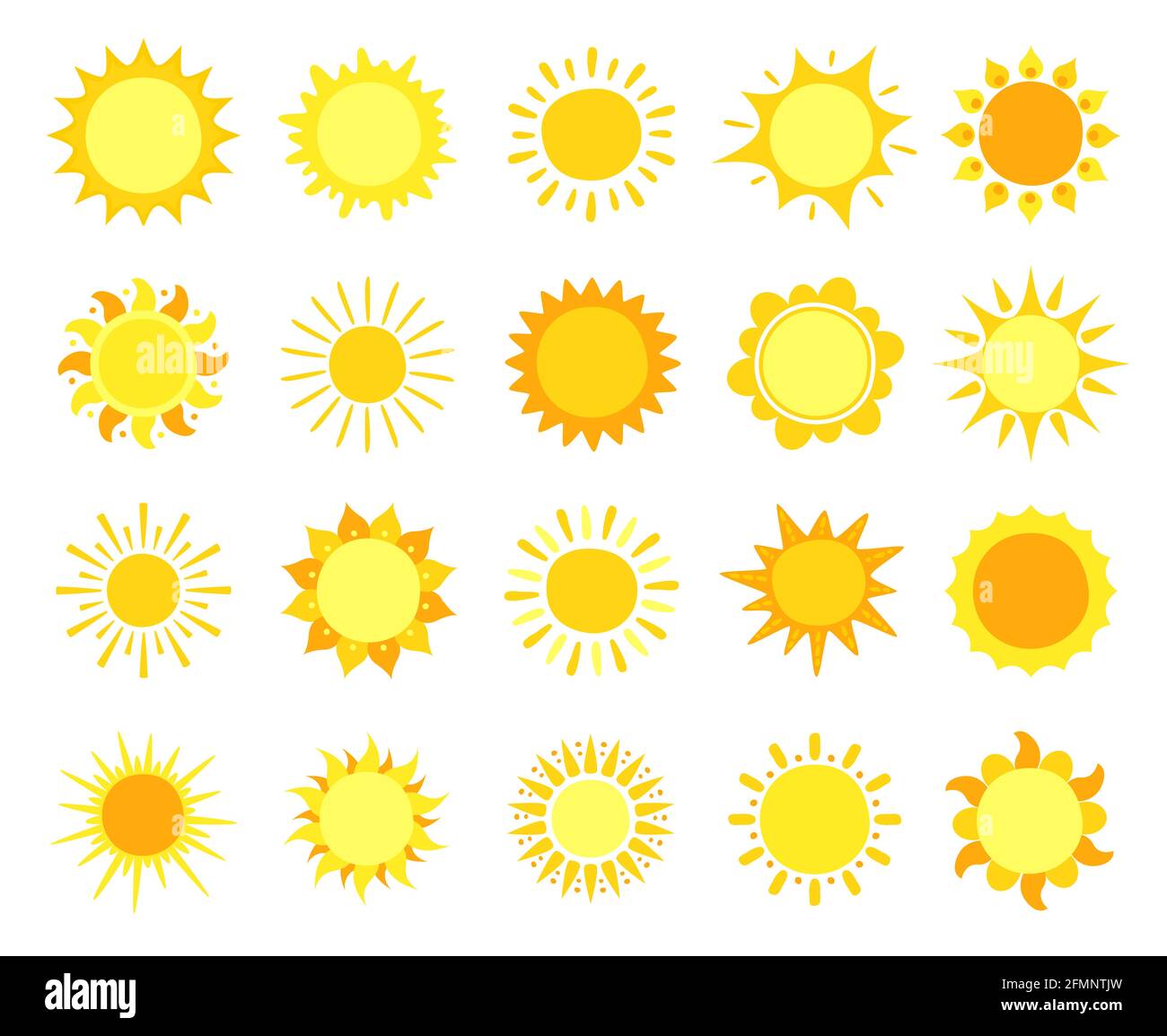 Sonnensymbole. Sonnenschein, heiße Sommer- und Sonnenaufgangssymbole, goldene Sonnenkreise, solare und sonnige Wetterzeichen Vektorset. Leuchtende Sonnenstrahlen und unterschiedlich geformte Strahlen für Sonnenaufgang oder Sonnenuntergang Stock Vektor