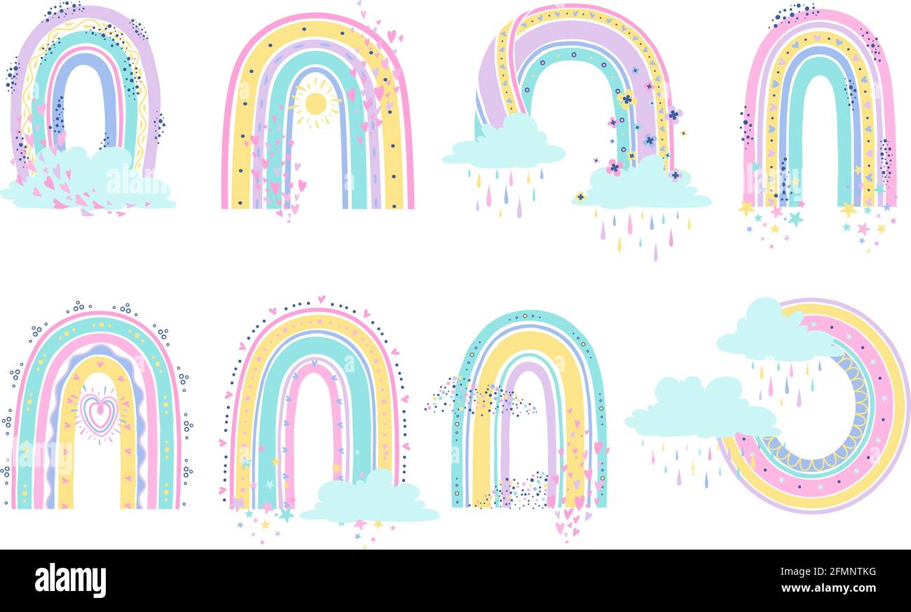 Cartoon-Regenbogen. Skandinavische Regenbogen mit Herz und Sternen in Pastellfarben. Elemente für kindliche Muster, Tapeten und Sticker Vektor-Set. Wolken mit strömendem Regen, dekorative Objekte Stock Vektor