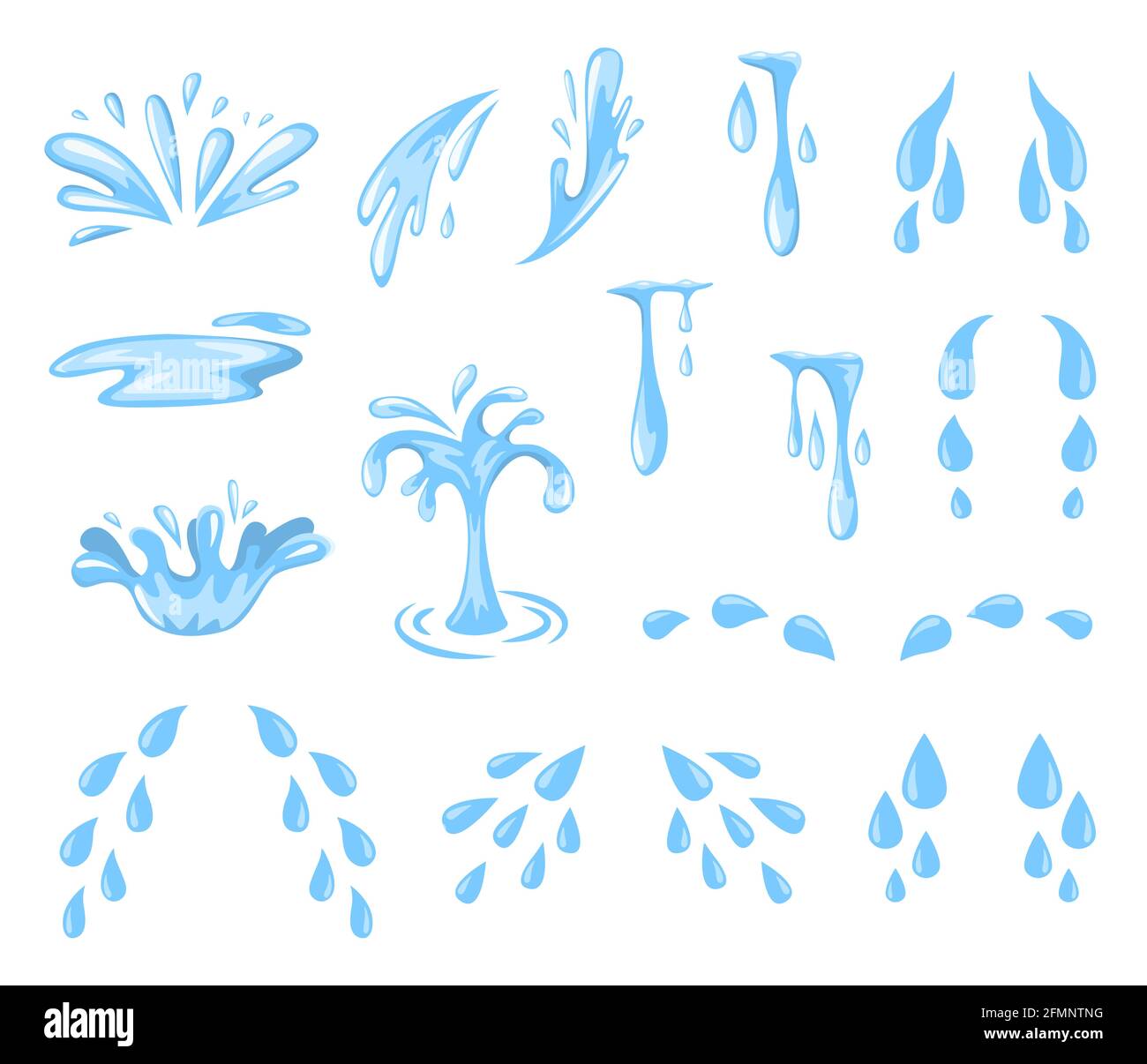 Cartoon Spritzer und Tropfen. Tränen, Schweiß oder Wasser sprühen und fließen, fallende blaue Wassertröpfchen. Regentropfen, isolierte Pfütze-Vektorset. Stress und Depression Tropfen, fließendes reines Wasser Stock Vektor