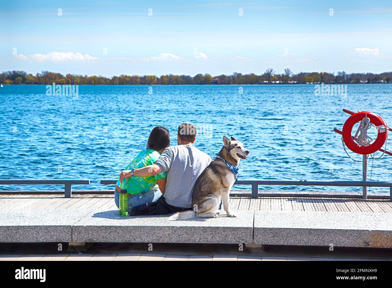 Glückliches Paar in der Liebe genießen ihre Zeit mit Haustieren in der Natur. Stockfoto