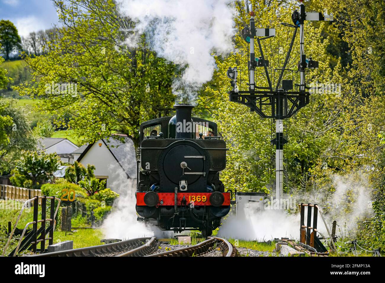 Great Western Pannier Tank 1336 Klasse No. 1369, gebaut 1933, angetrieben von Andy Letts, wird mit voller Kraft in den Bahnhof der dampfbetriebenen South Devon Railway (SDR) in Buckfastleigh, South Devon, wo Mitarbeiter, Fahrer und Ingenieure überprüfen die Ausrüstung, während sie die Attraktion vorbereiten, um sich für die Wiedereröffnung für die Öffentlichkeit am Montag, den 17. Mai vorzubereiten, bevor die Sperrbeschränkungen in England weiter gelockert werden. Bilddatum: Dienstag, 11. Mai 2021. Stockfoto