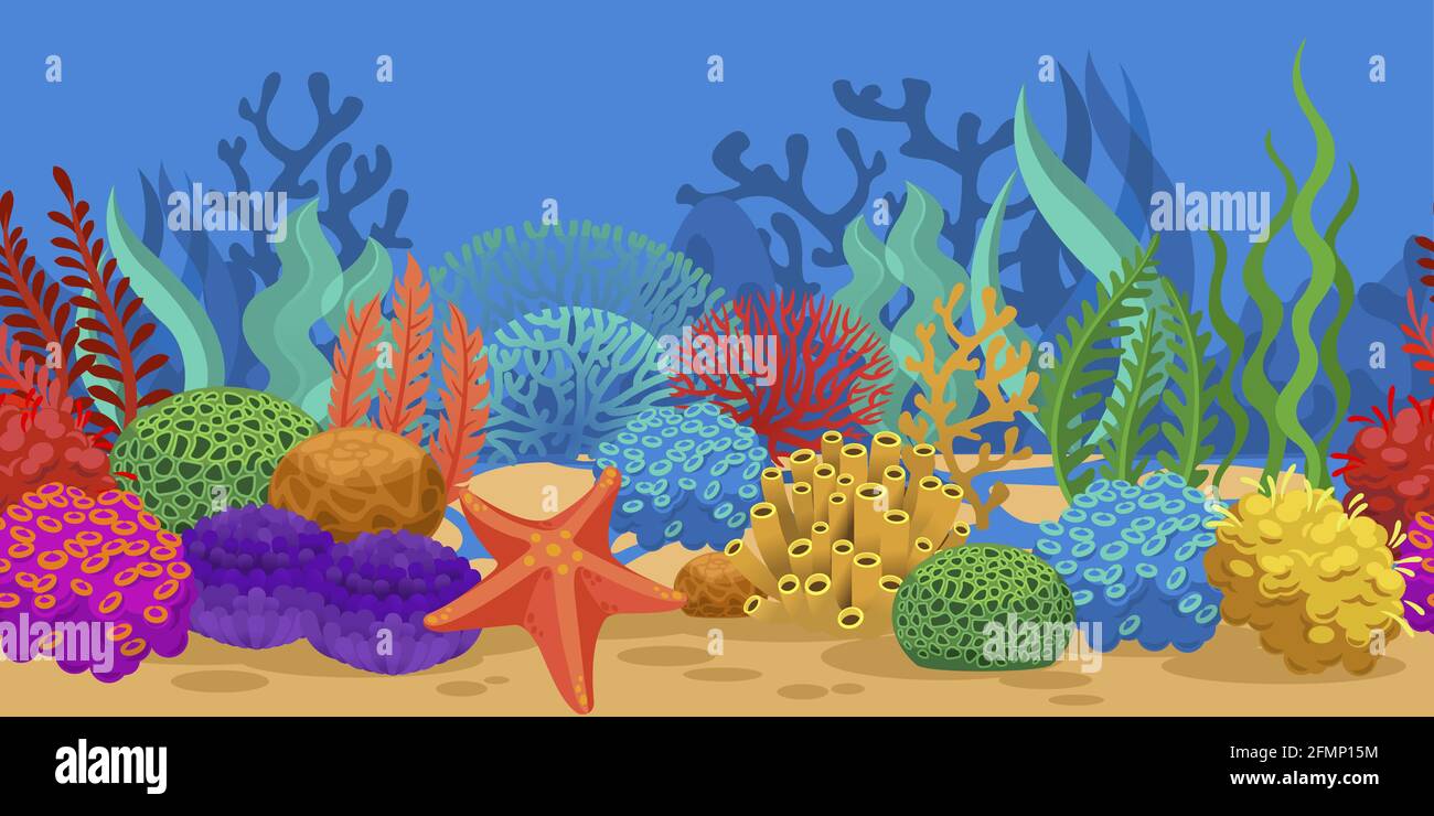 Nahtlose Korallenbordüre. Meeresriff-Algen, Meeresboden im Ozeanarium. Seeseeschwamm Seesterne auf Sandboden Vektor horizontale Unterwasser Textur, Seestücke. Bunte Algen tief unter Wasser, Wassersystem Stock Vektor