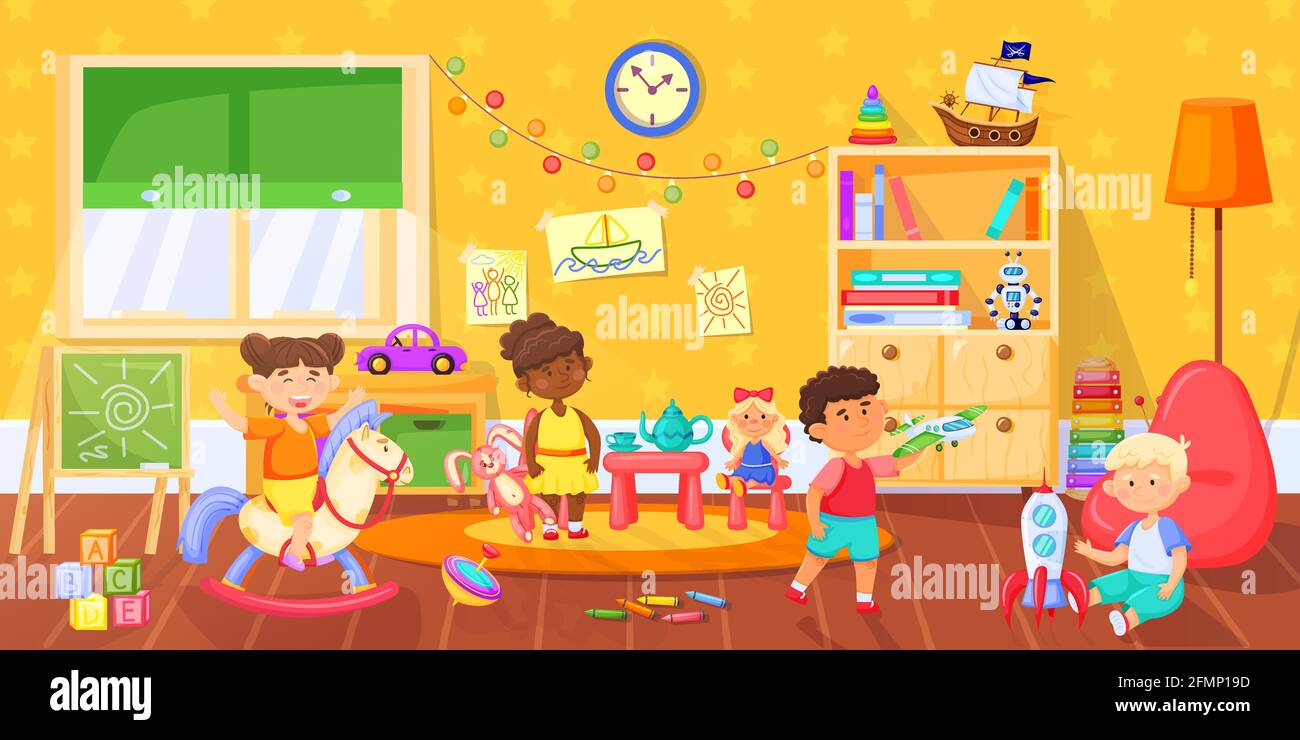 Kinder im Spielzimmer. Glückliche Kinder, die im montessori-Kindergarten mit Spielzeug spielen. Verspielte Kleinkinder im Vorschulunterricht Vektor-Illustration. Jungen und Mädchen spielen mit Flugzeug, Rakete und Pferd Stock Vektor