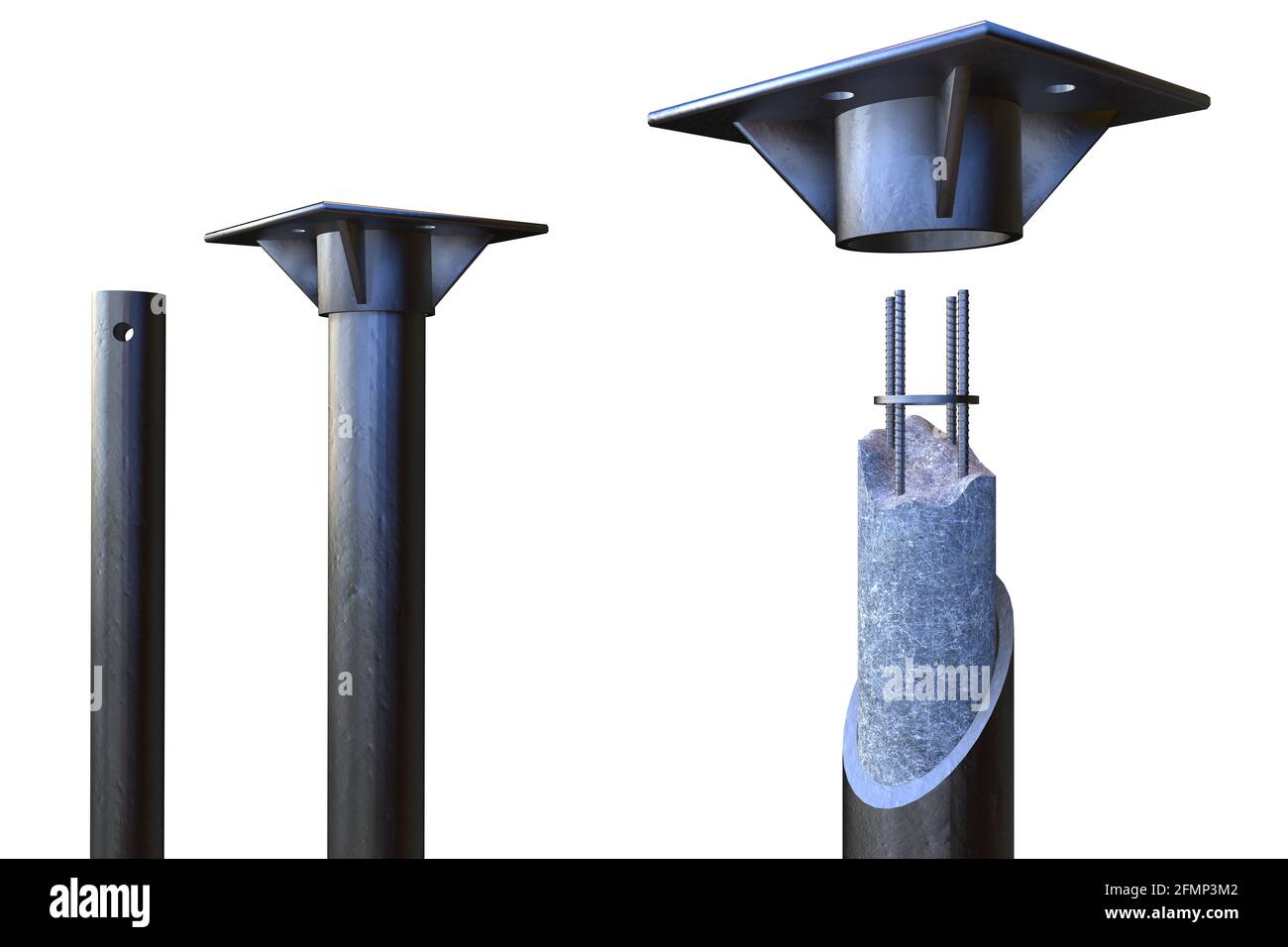 Schraubfundamente füllen mit Zement und Verstärkung - isoliertes Konzept Industrielles 3D-Rendering Stockfoto