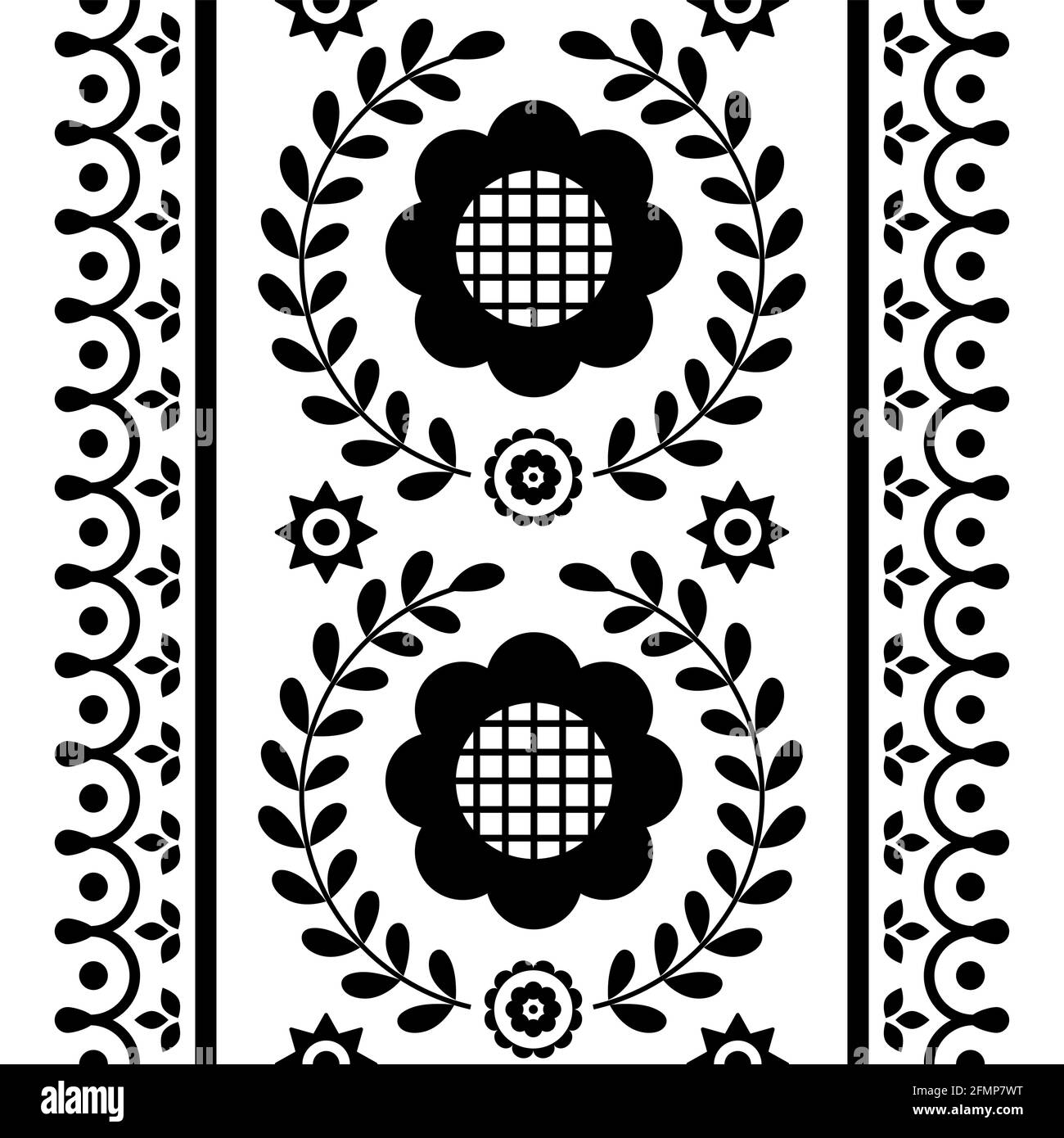 Nahtloses, von polnischer Stickerei inspiriertes Vektormuster mit Blumenmuster Lachy Sadeckie - Textil- oder Stoffdruck schwarz und weiß Ornament Stock Vektor