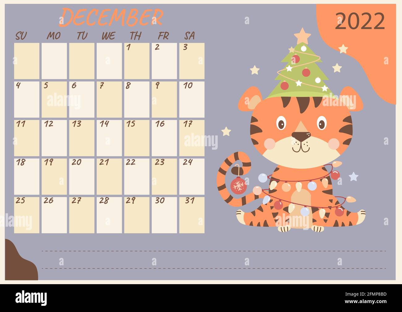 Horizontale Planner-Kalendervorlage für Dezember 2022. Niedlicher Tiger mit Weihnachtsbaum, Spielzeug und Girlanden. Jahr des Tigers auf Chinesisch oder orientalisch. V Stock Vektor